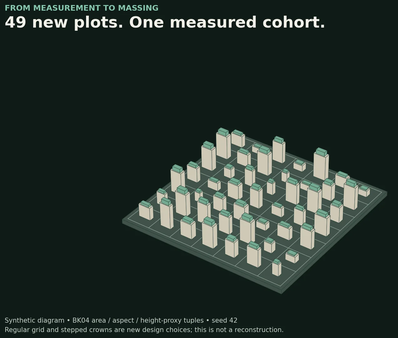 Isometric diagram of 49 rectangular masses with green stepped crowns on a square base.