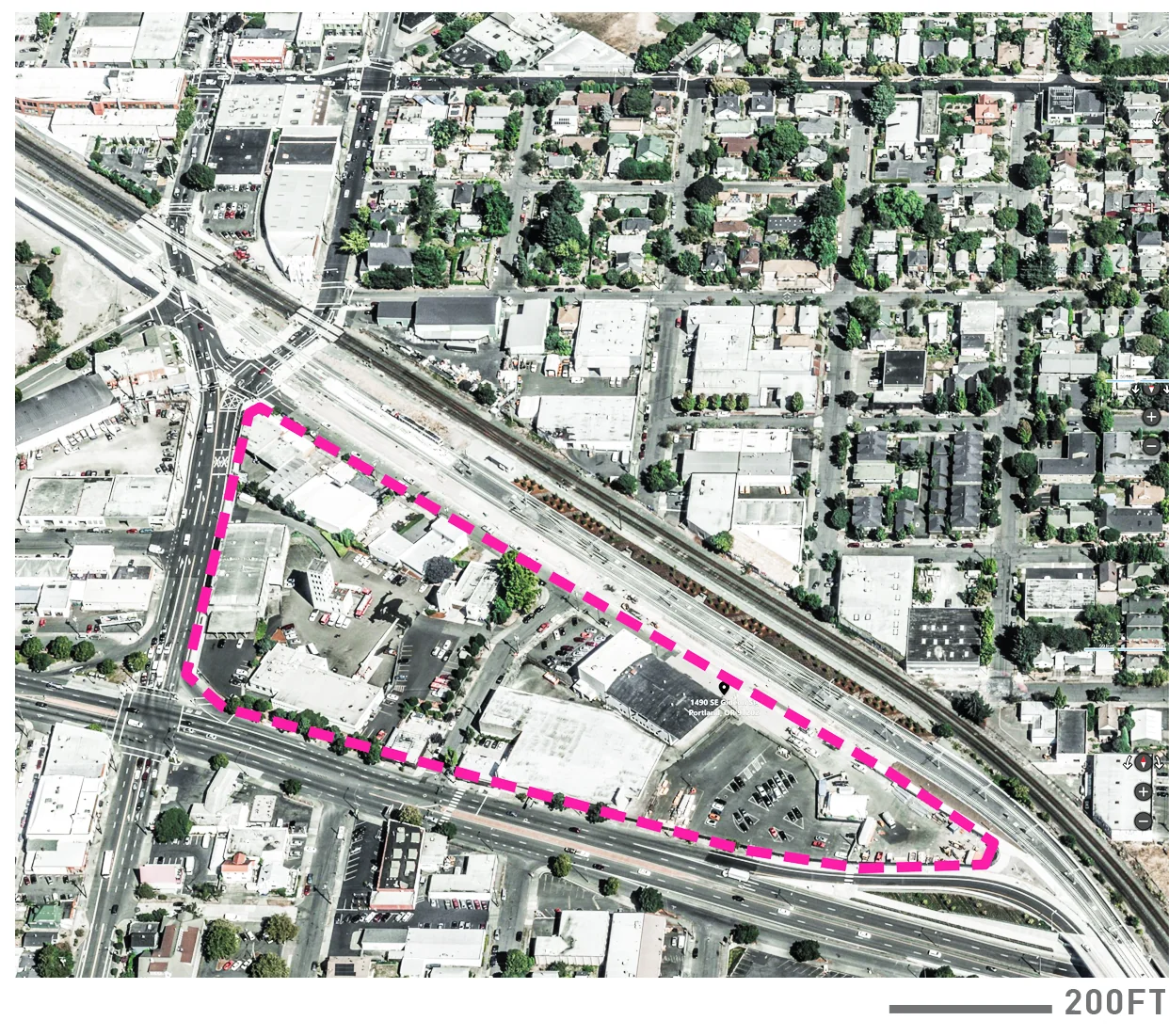 Clinton Triangle in Portland, OR site context map.